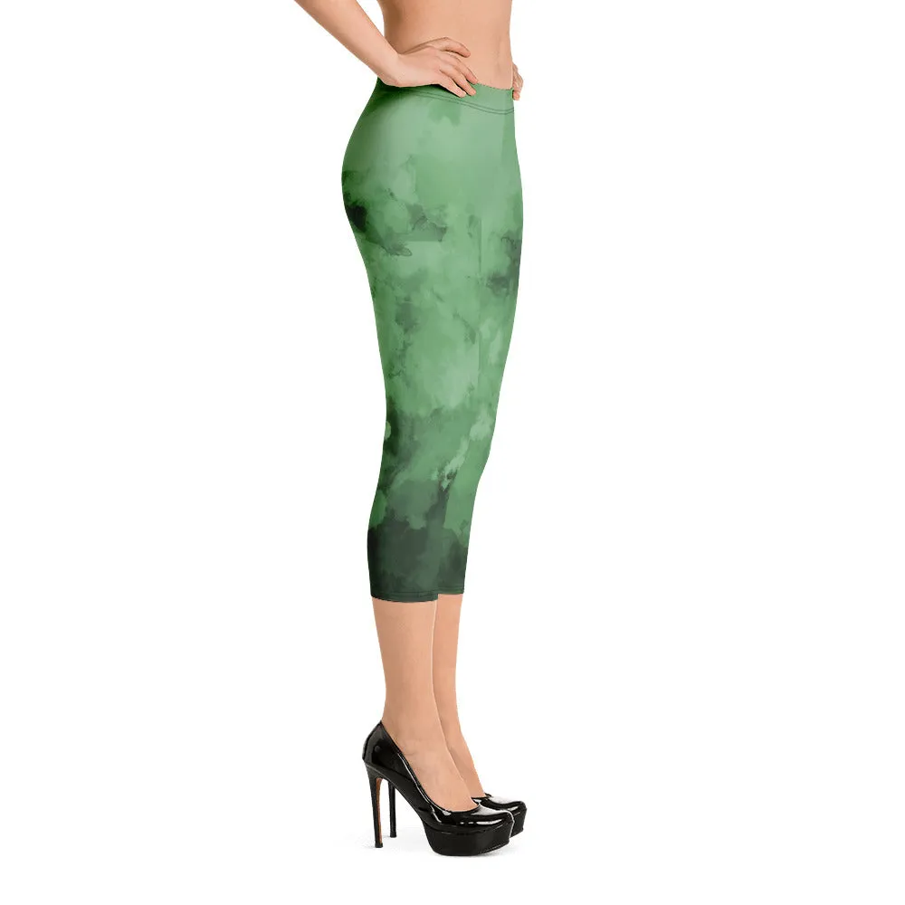 Abstract Women's Capri Leggings, Green Abstract Casual Capris Tights For Women-Made in USA/EU/MX