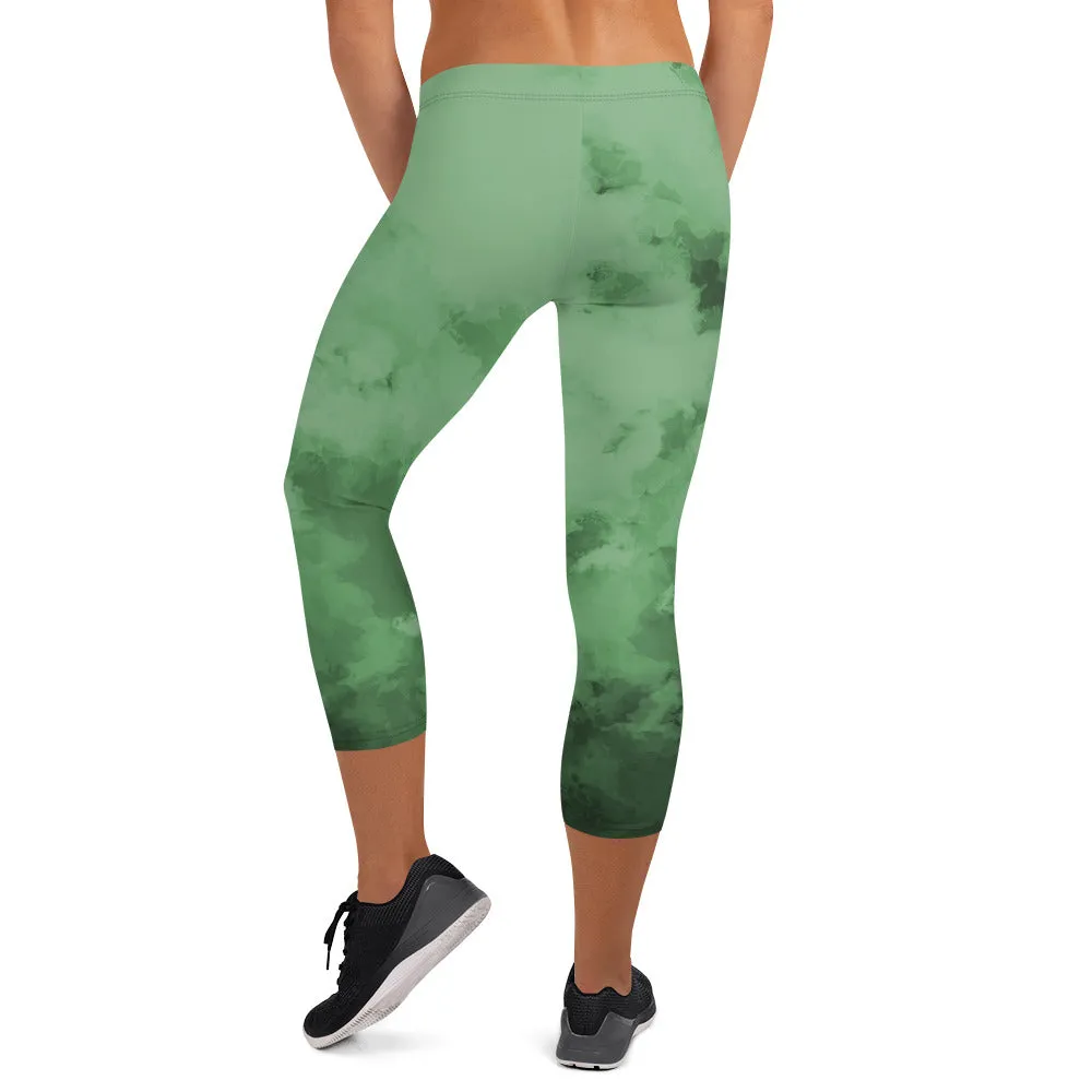 Abstract Women's Capri Leggings, Green Abstract Casual Capris Tights For Women-Made in USA/EU/MX