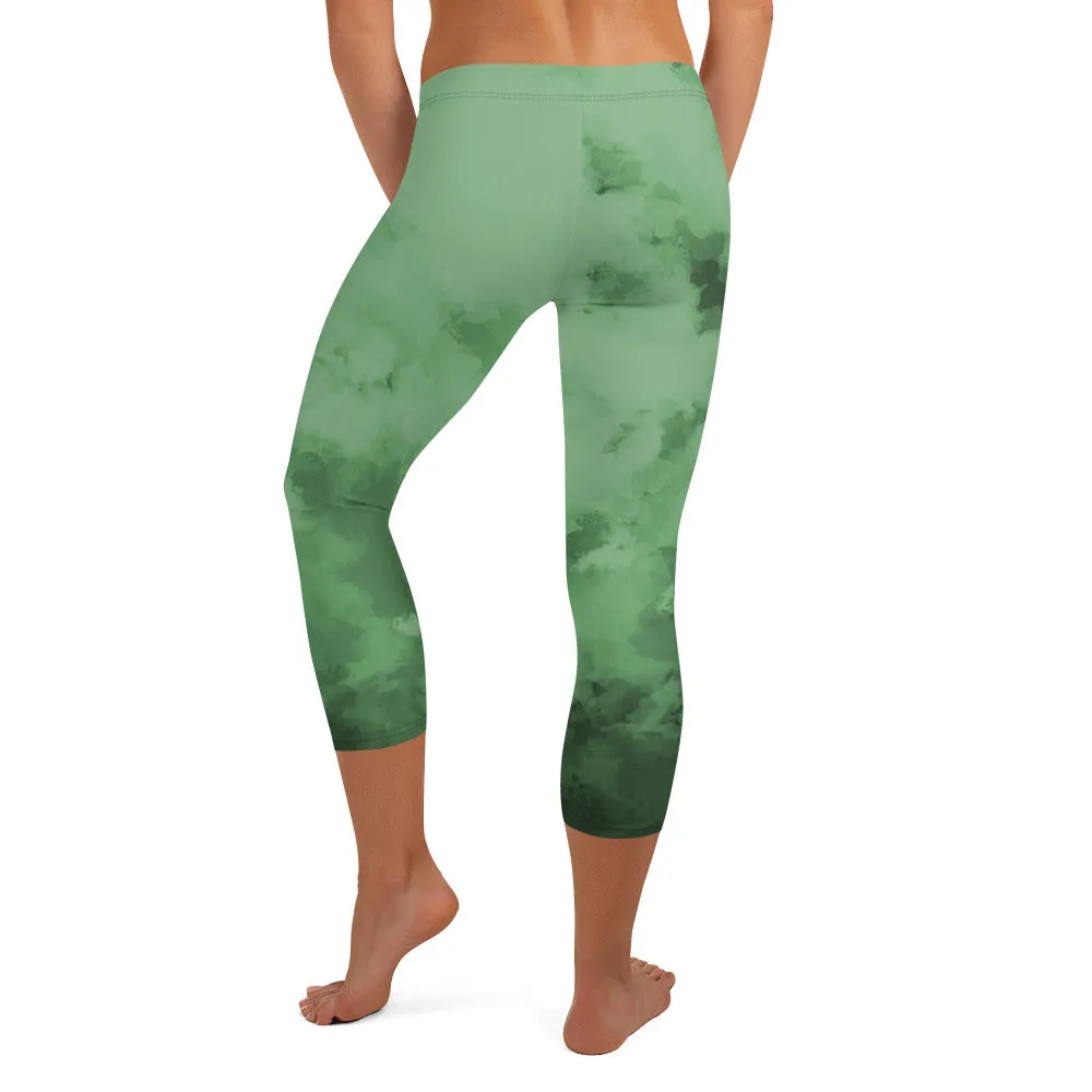 Abstract Women's Capri Leggings, Green Abstract Casual Capris Tights For Women-Made in USA/EU/MX