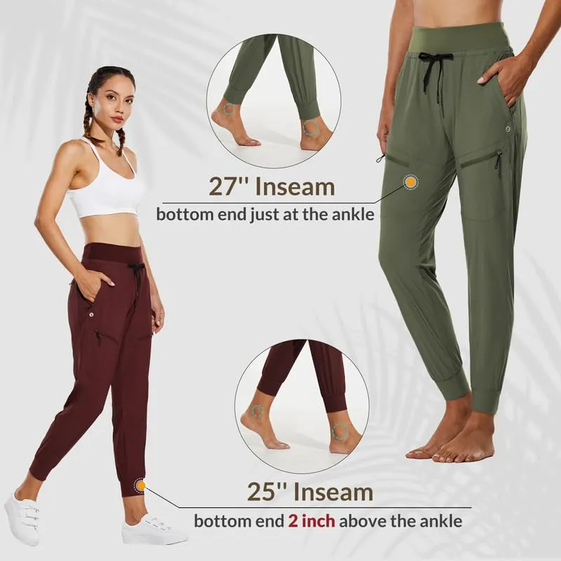 BALEAF Women's Joggers Lightweight Hiking Pants High Waist 5 Zipper Pockets Quick Dry Travel Athletic UPF50  Khaki XL