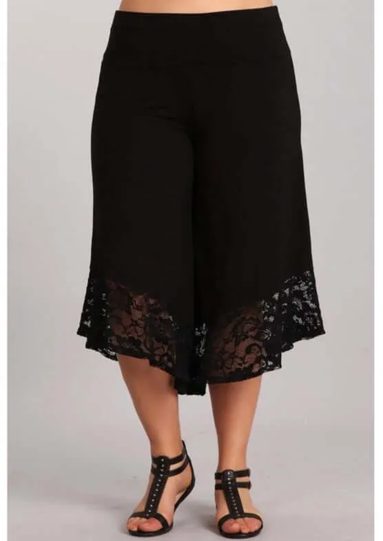 Black Lace Hem Gaucho Style Pants Made in USA - Plus Size