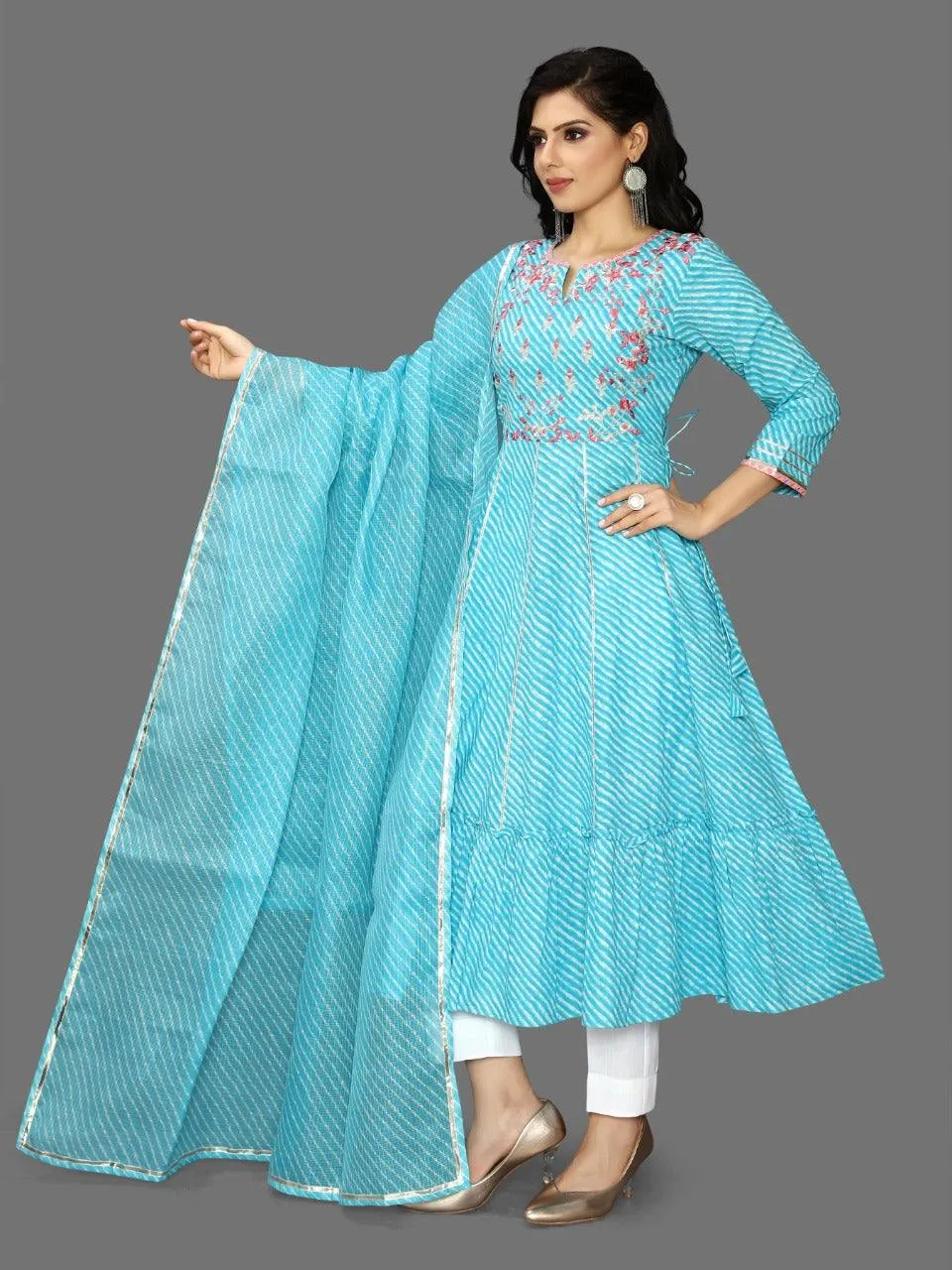 Blue Cotton Leheriya Print Anarkali Set