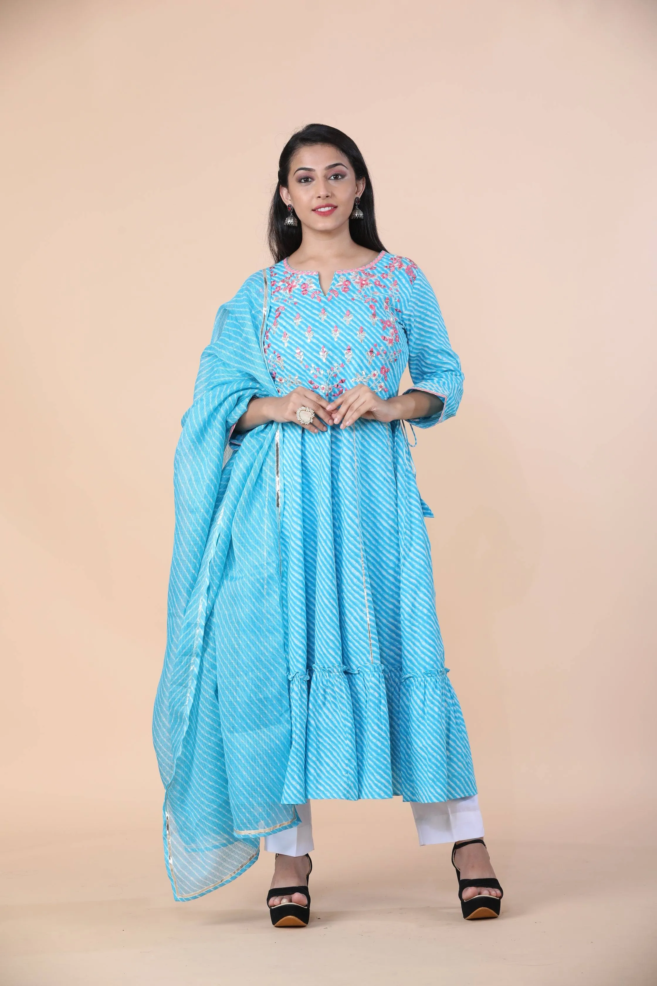 Blue Cotton Leheriya Print Anarkali Set