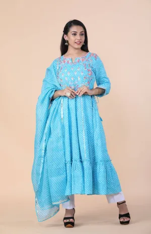 Blue Cotton Leheriya Print Anarkali Set