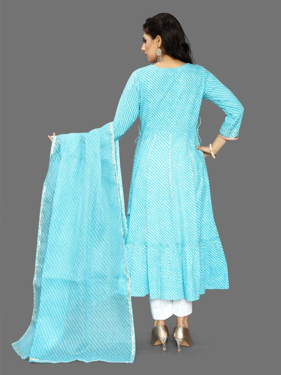 Blue Cotton Leheriya Print Anarkali Set