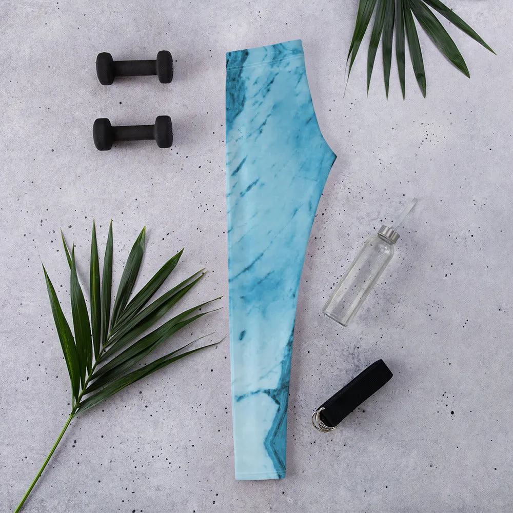 Blue Marble Print Fancy Leggings, Abstract Women's Dressy Abstract Tights-Made in USA/EU