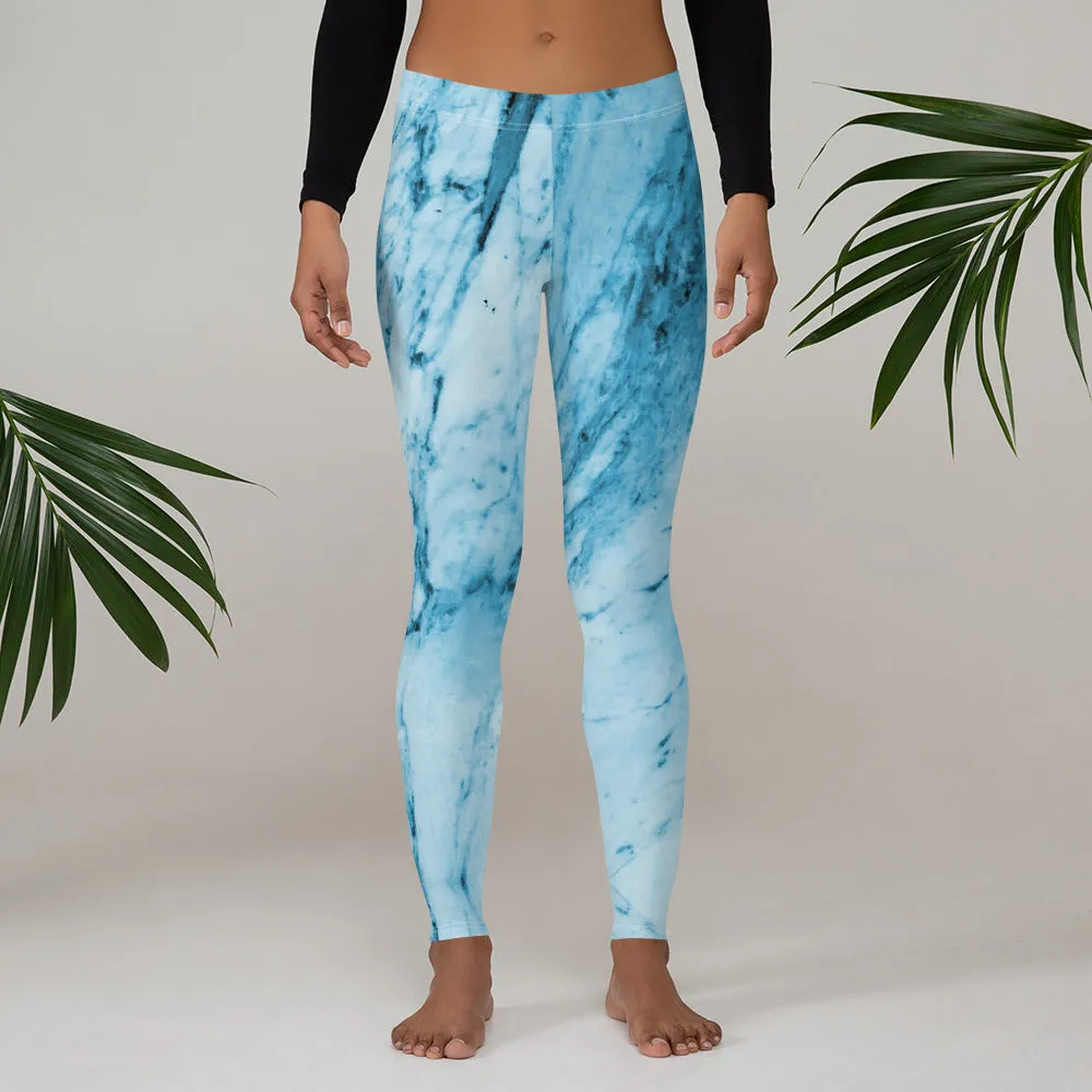 Blue Marble Print Fancy Leggings, Abstract Women's Dressy Abstract Tights-Made in USA/EU