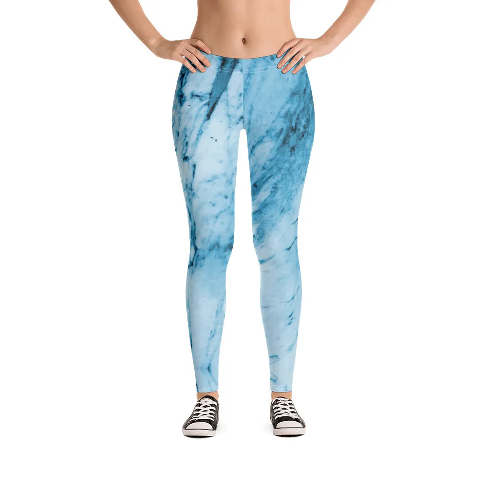 Blue Marble Print Fancy Leggings, Abstract Women's Dressy Abstract Tights-Made in USA/EU