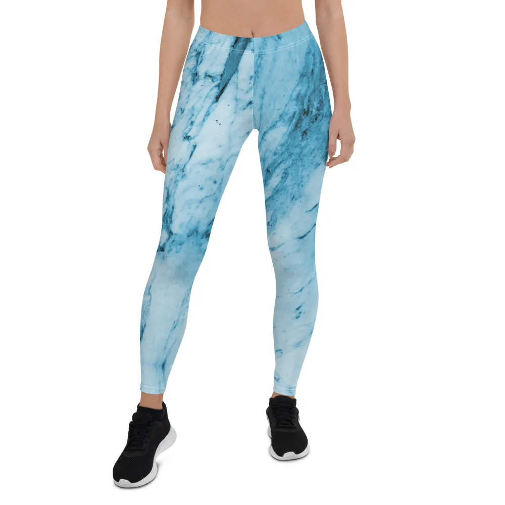 Blue Marble Print Fancy Leggings, Abstract Women's Dressy Abstract Tights-Made in USA/EU