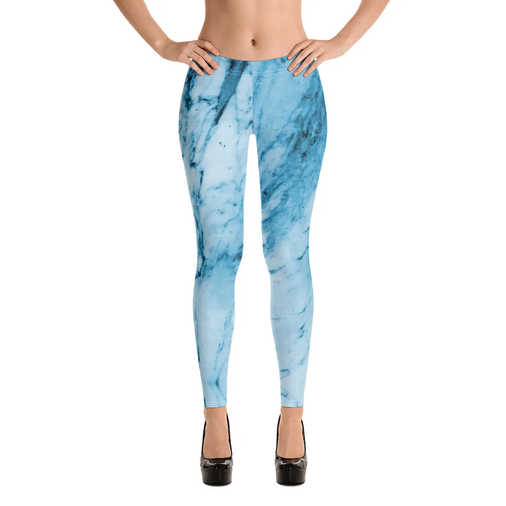 Blue Marble Print Fancy Leggings, Abstract Women's Dressy Abstract Tights-Made in USA/EU