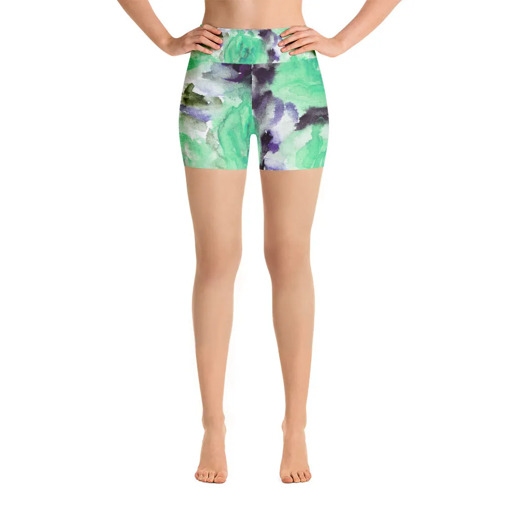 Blue Rose Yoga Tights, Rose Floral Print Ladies Fitness Gym Shorts -Made in USA/EU (US Size: XS-XL)