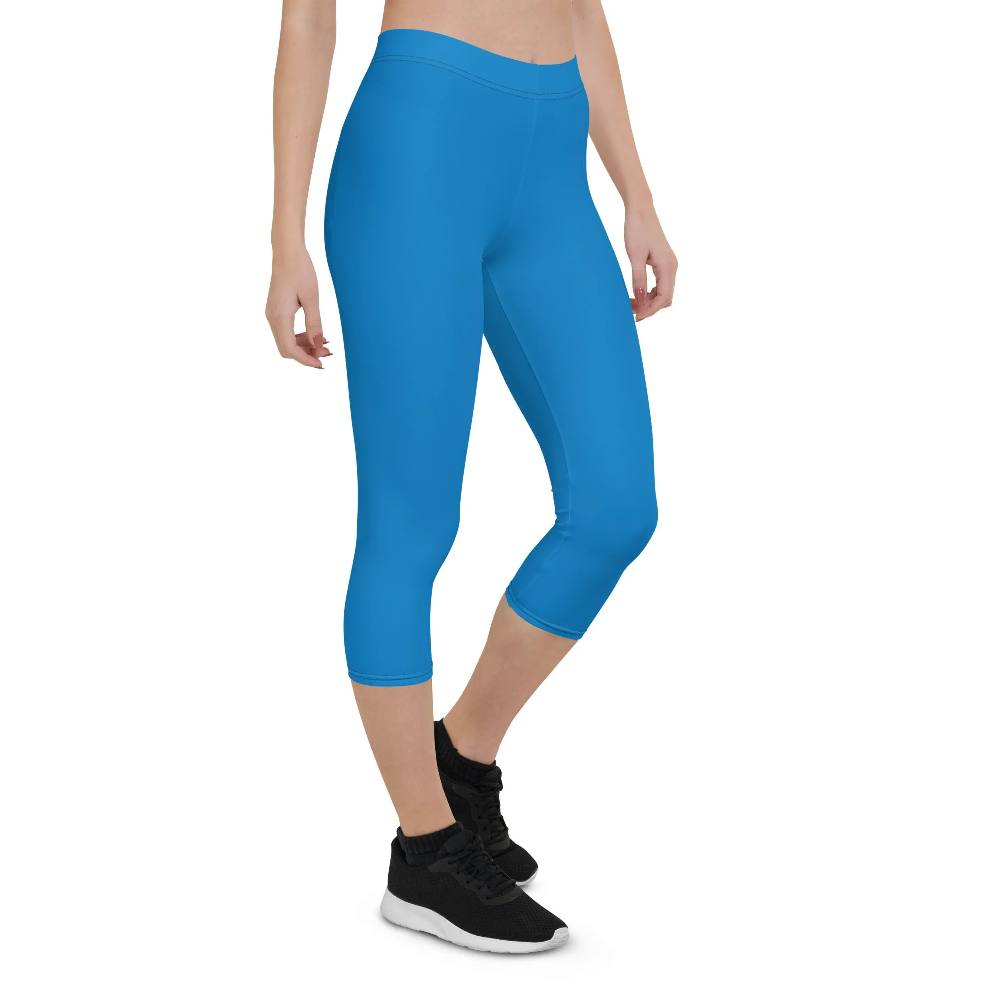 Blue Solid Color Capri Leggings, Bright Blue Solid Color Best Casual Women's Capri Tights-Made in USA/EU/MX