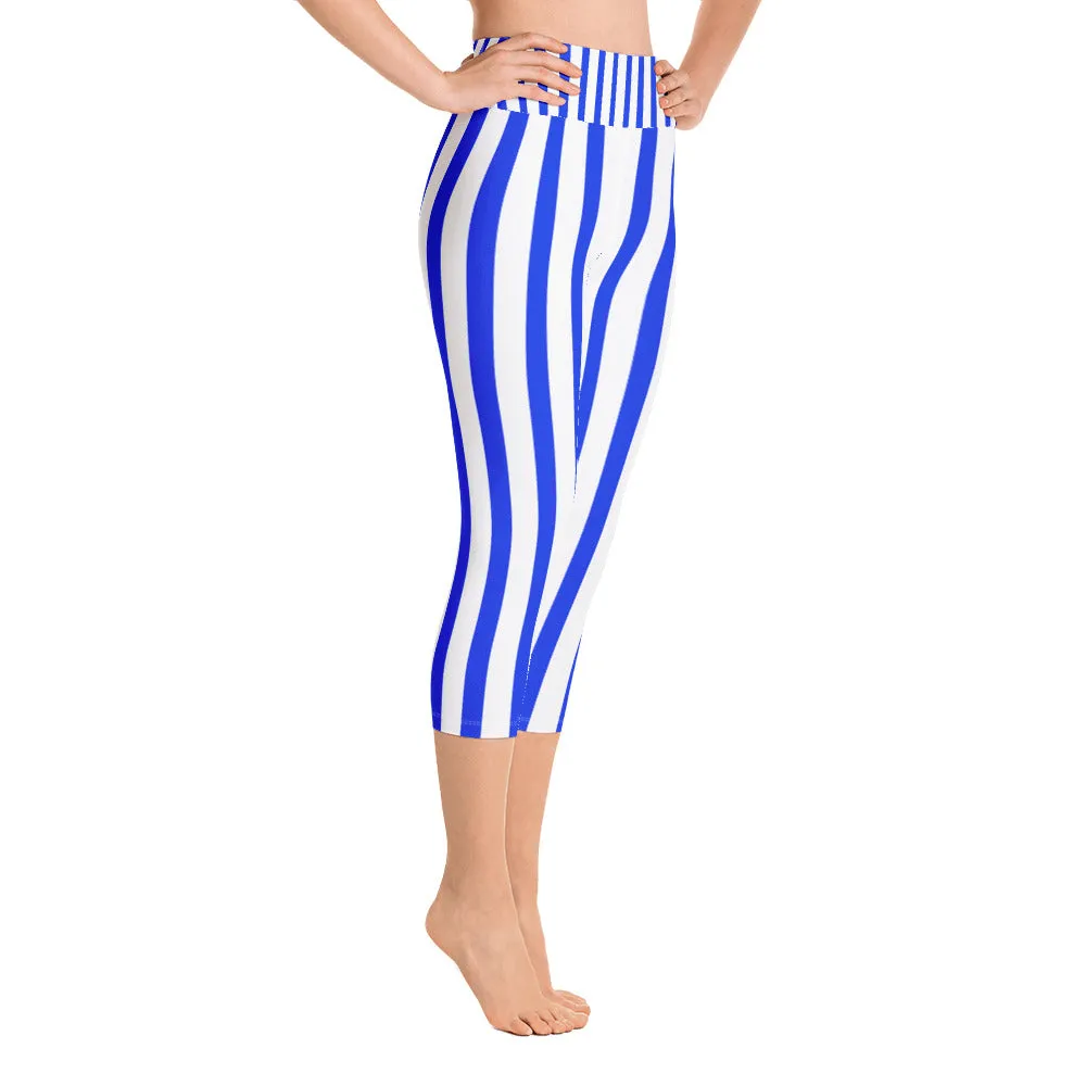 Blue Striped Capri Leggings, Vertical Striped Women's Yoga Pants With Pockets - Made In USA/EU