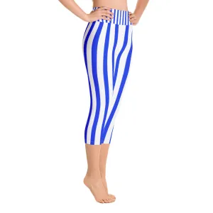 Blue Striped Capri Leggings, Vertical Striped Women's Yoga Pants With Pockets - Made In USA/EU
