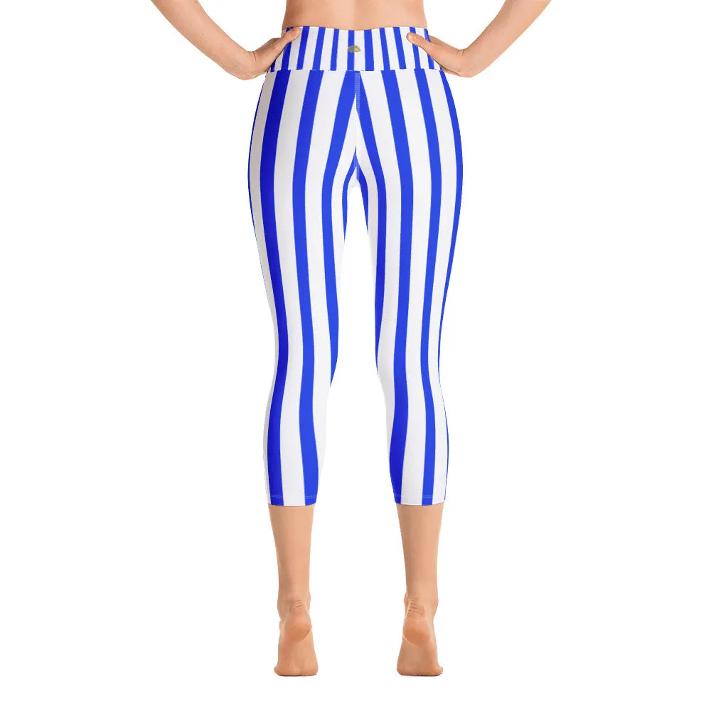 Blue Striped Capri Leggings, Vertical Striped Women's Yoga Pants With Pockets - Made In USA/EU