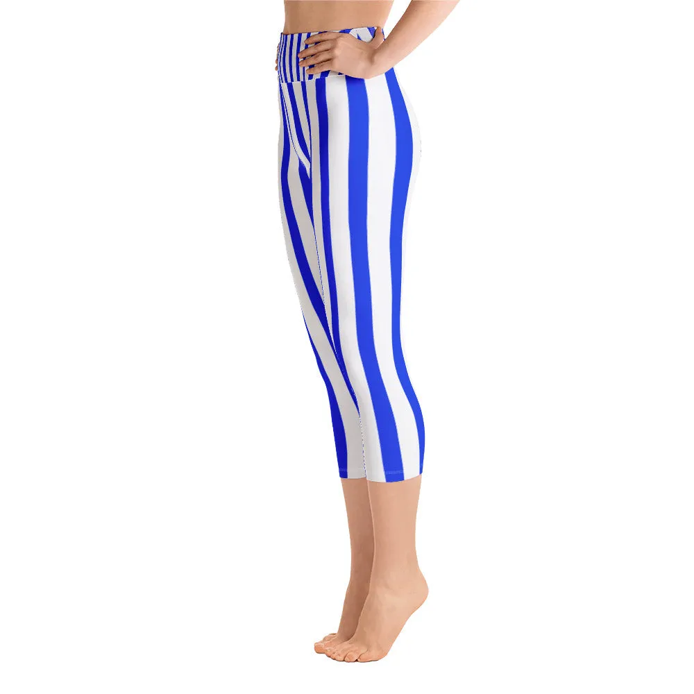 Blue Striped Capri Leggings, Vertical Striped Women's Yoga Pants With Pockets - Made In USA/EU