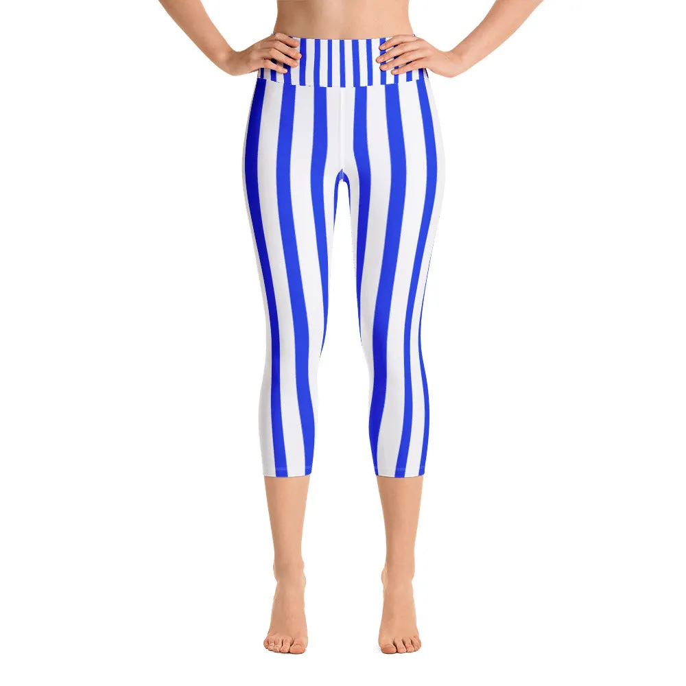 Blue Striped Capri Leggings, Vertical Striped Women's Yoga Pants With Pockets - Made In USA/EU