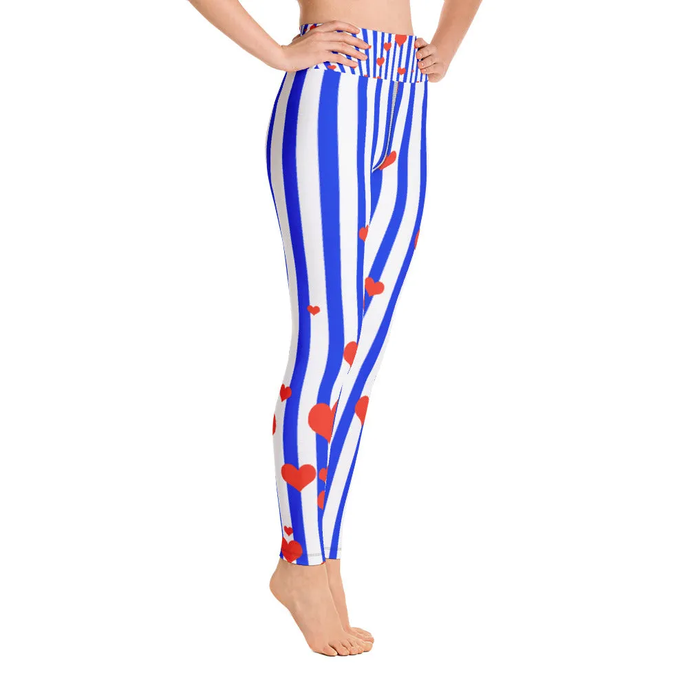 Blue Striped Women's Leggings, Red Hearts Long Yoga & Barre Pants-Made in USA/EU