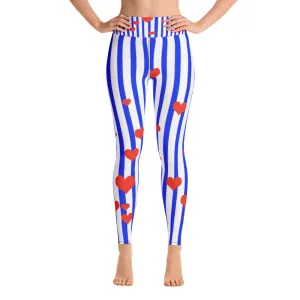 Blue Striped Women's Leggings, Red Hearts Long Yoga & Barre Pants-Made in USA/EU