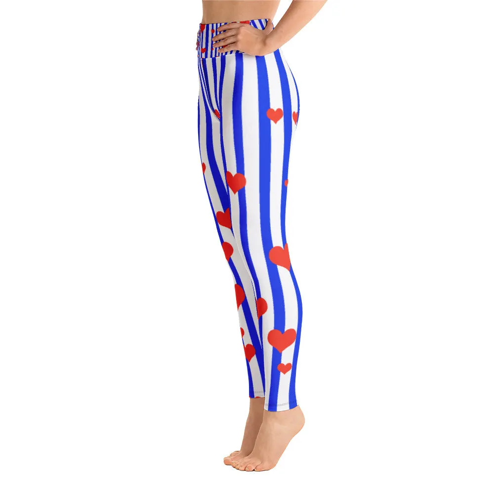 Blue Striped Women's Leggings, Red Hearts Long Yoga & Barre Pants-Made in USA/EU