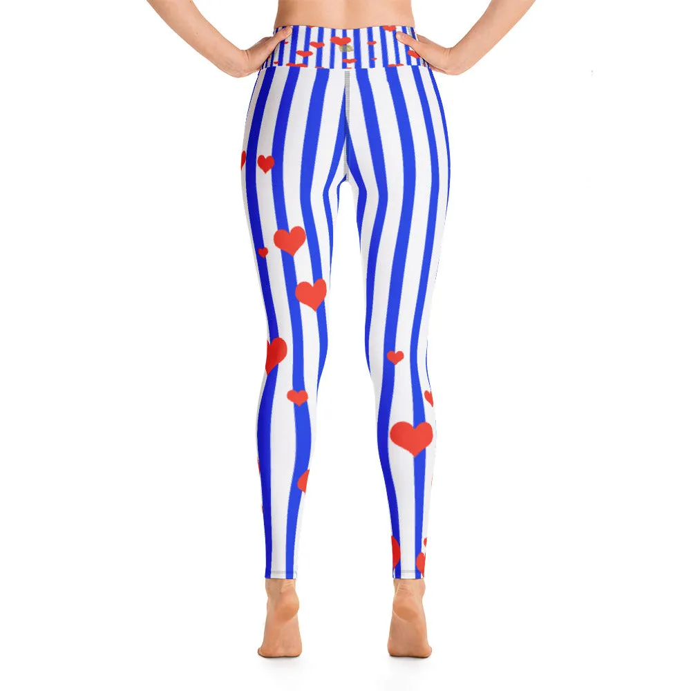 Blue Striped Women's Leggings, Red Hearts Long Yoga & Barre Pants-Made in USA/EU