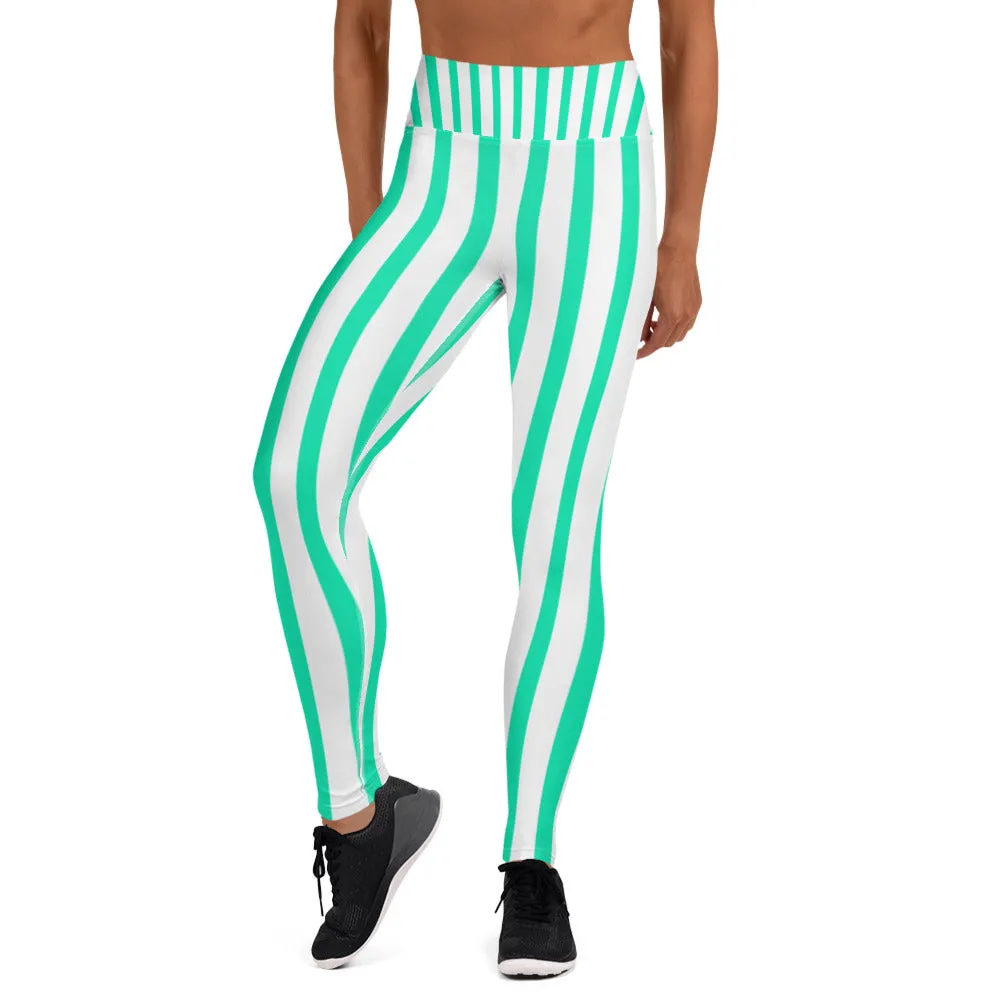 Blue Striped Women's Leggings, White Active Wear Fitted Yoga Pants - Made in USA/EU
