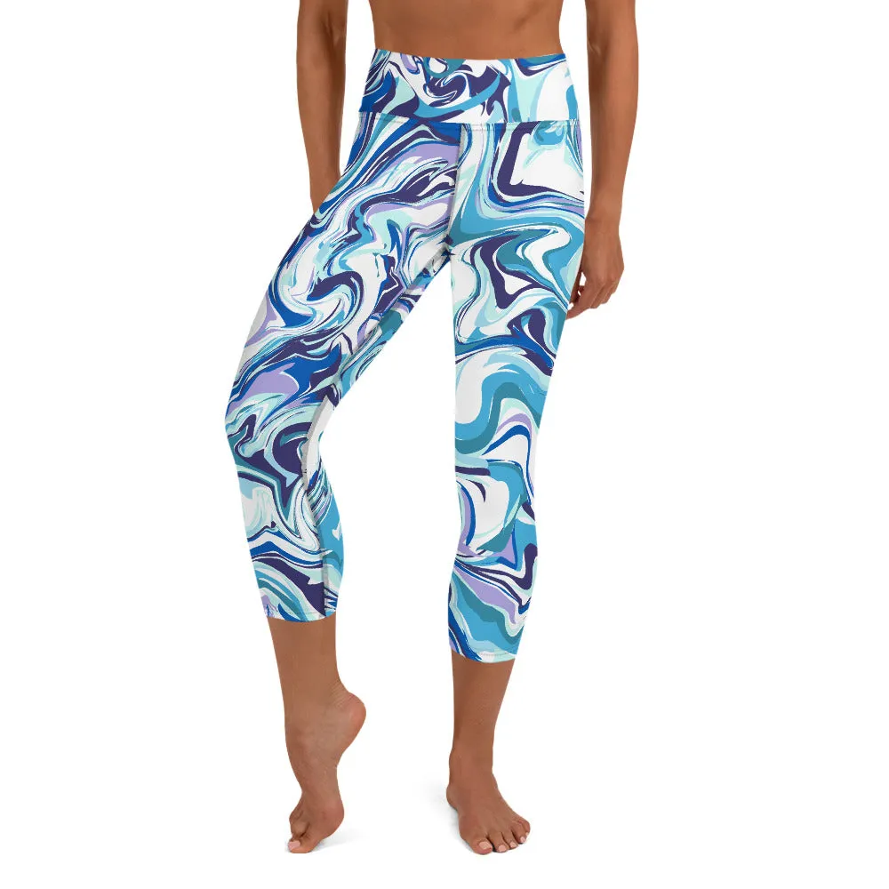 Blue Swirl Yoga Capri Leggings, Abstract Printed Women's Capris Tights-Made in USA/EU/MX