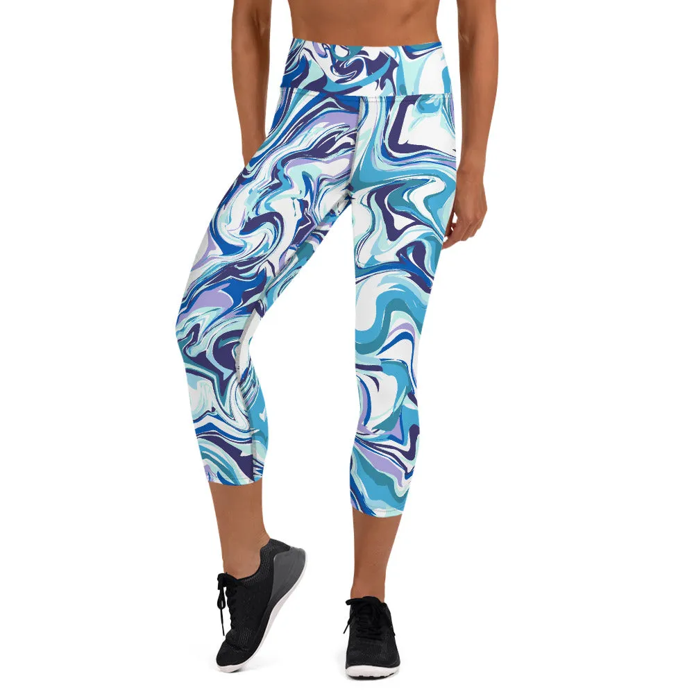 Blue Swirl Yoga Capri Leggings, Abstract Printed Women's Capris Tights-Made in USA/EU/MX