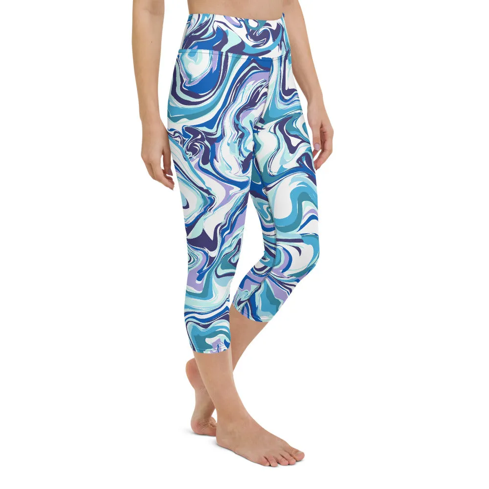Blue Swirl Yoga Capri Leggings, Abstract Printed Women's Capris Tights-Made in USA/EU/MX