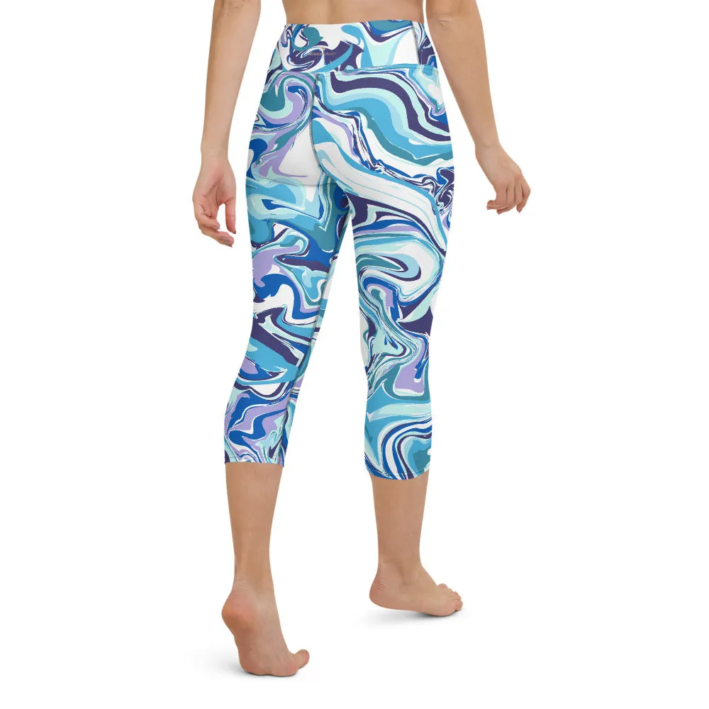 Blue Swirl Yoga Capri Leggings, Abstract Printed Women's Capris Tights-Made in USA/EU/MX