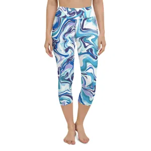 Blue Swirl Yoga Capri Leggings, Abstract Printed Women's Capris Tights-Made in USA/EU/MX
