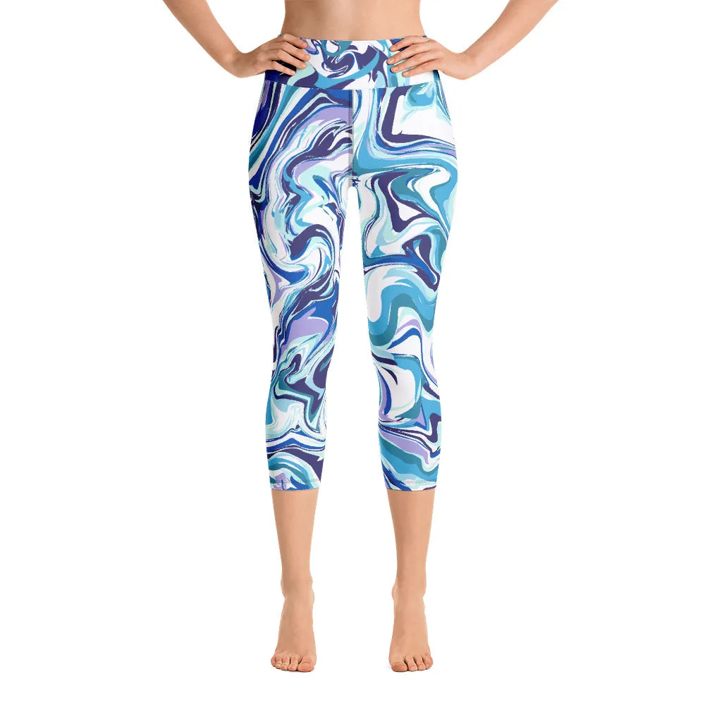 Blue Swirl Yoga Capri Leggings, Abstract Printed Women's Capris Tights-Made in USA/EU/MX