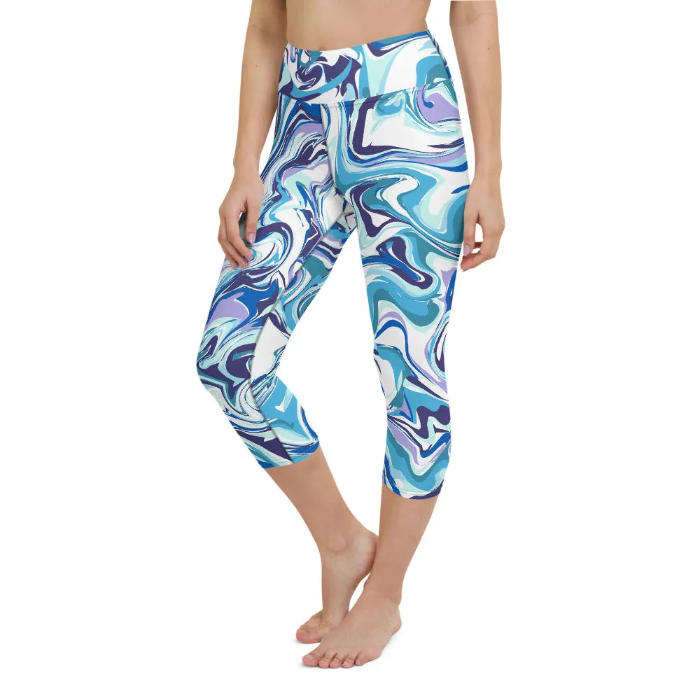 Blue Swirl Yoga Capri Leggings, Abstract Printed Women's Capris Tights-Made in USA/EU/MX