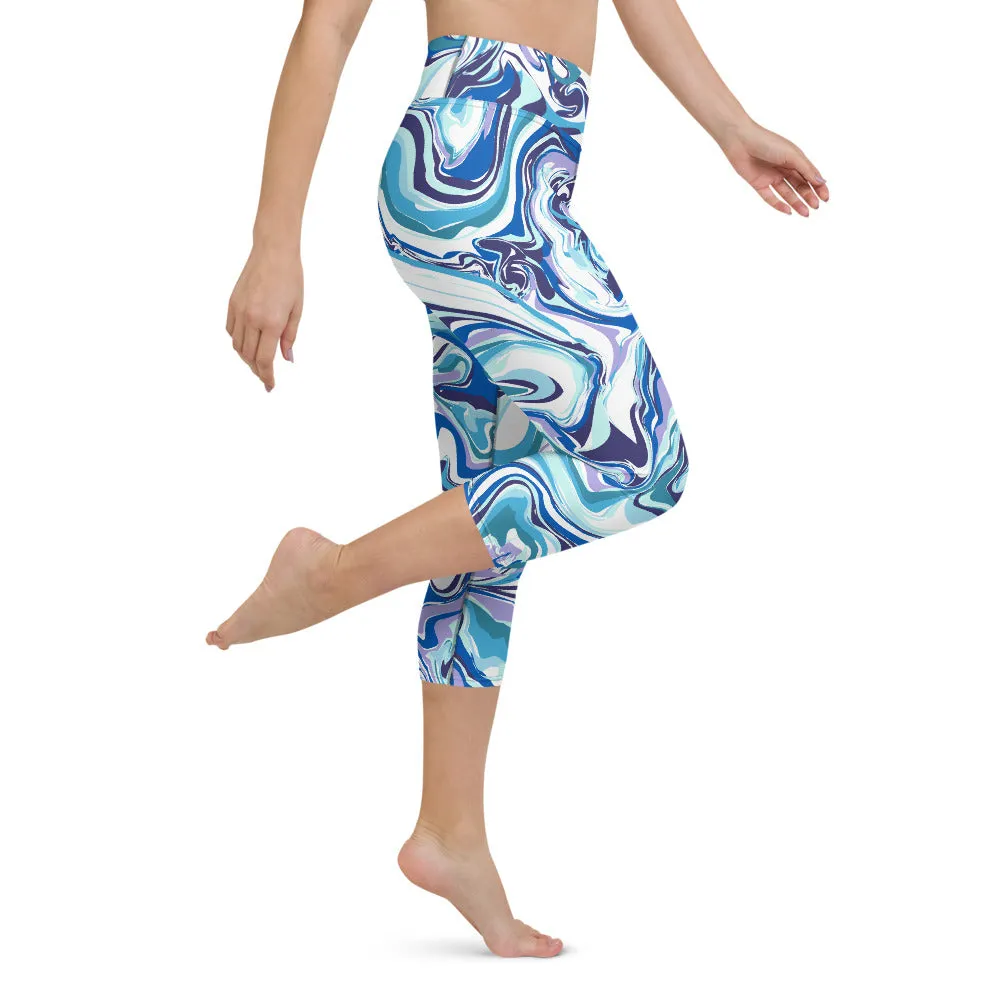 Blue Swirl Yoga Capri Leggings, Abstract Printed Women's Capris Tights-Made in USA/EU/MX