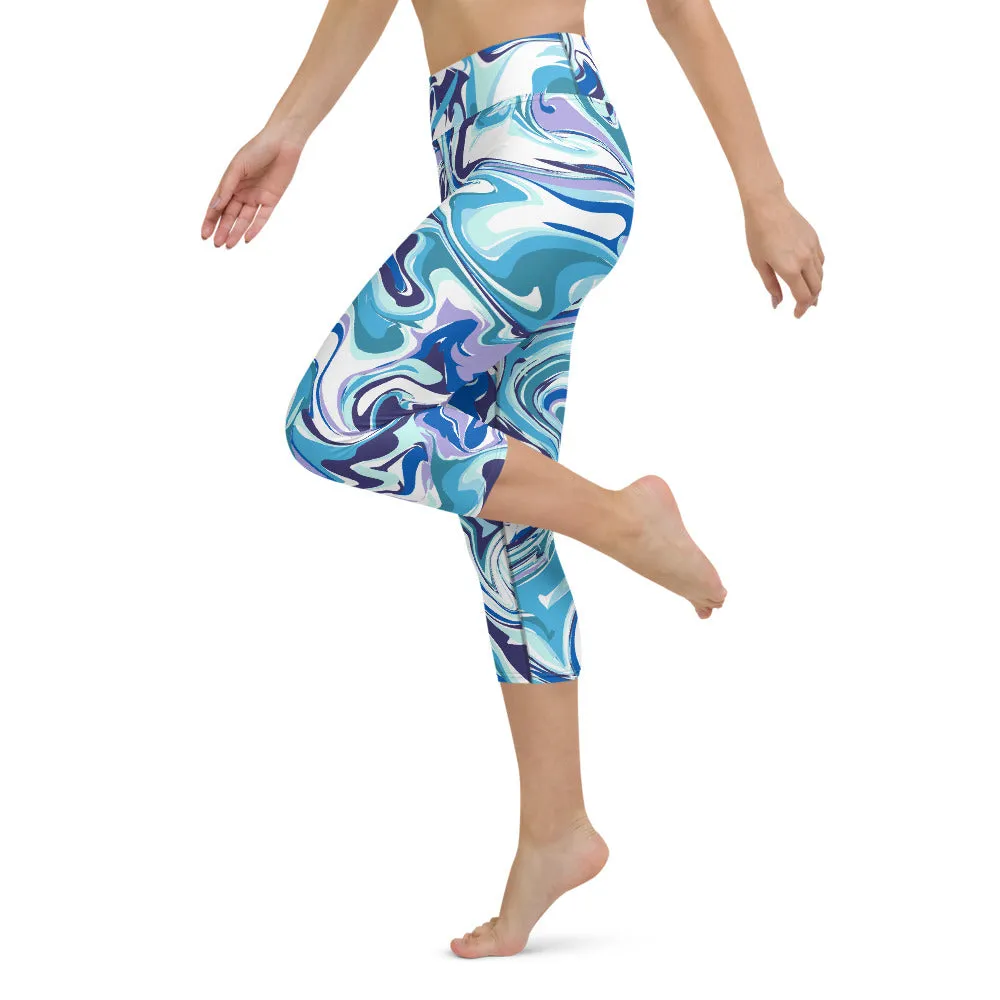 Blue Swirl Yoga Capri Leggings, Abstract Printed Women's Capris Tights-Made in USA/EU/MX