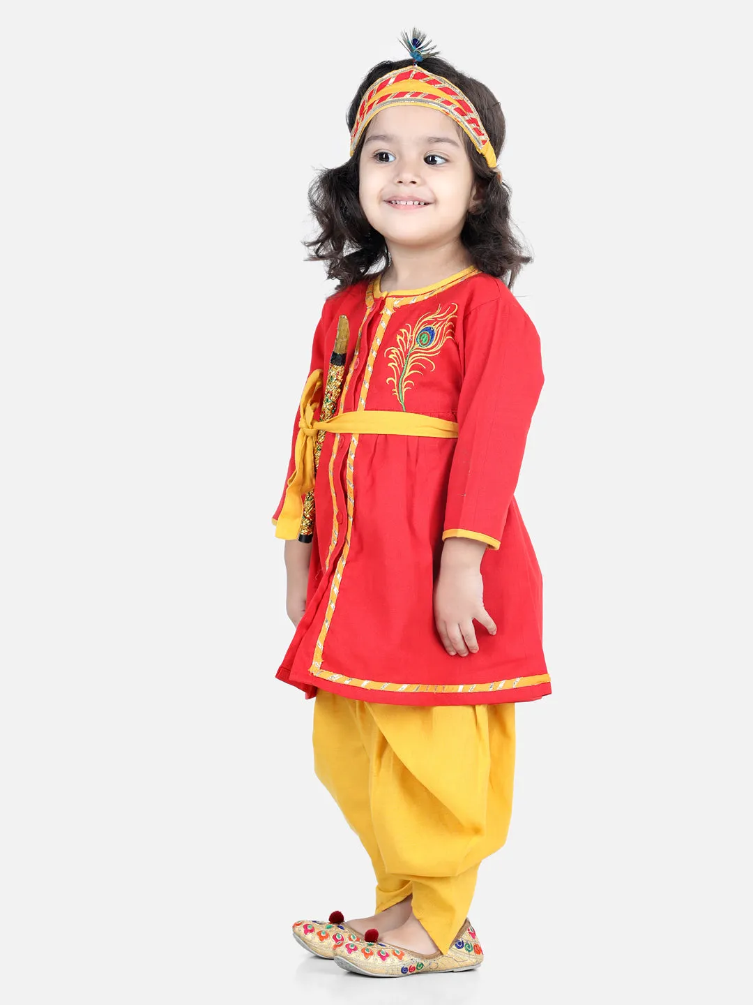 BownBee Full Sleeves Peacock Feather Embroidered Lace Detailing Radha Kurta & Dhoti Pants Set With Mukut - Red