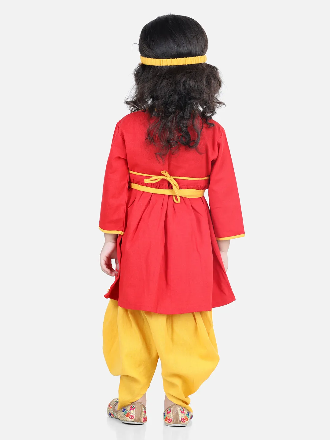 BownBee Full Sleeves Peacock Feather Embroidered Lace Detailing Radha Kurta & Dhoti Pants Set With Mukut - Red