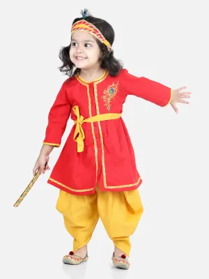BownBee Full Sleeves Peacock Feather Embroidered Lace Detailing Radha Kurta & Dhoti Pants Set With Mukut - Red