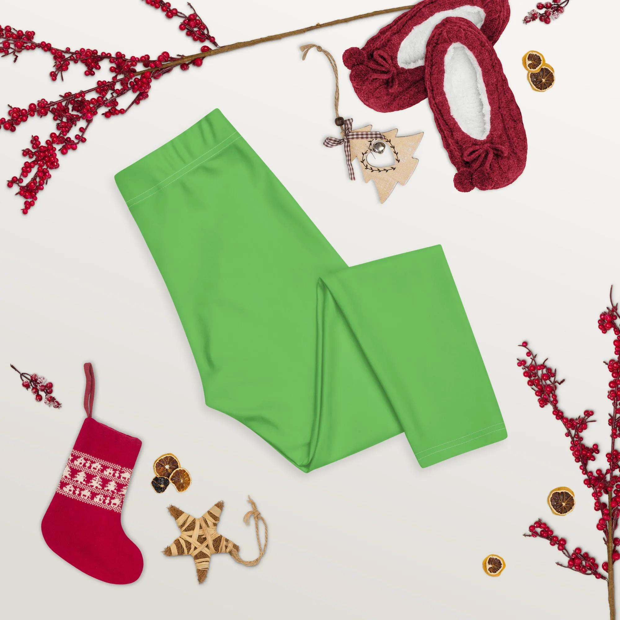 Bright Green Solid Capri Leggings, Solid Bright Green Color Capris Fashion Casual Tights For Women-Made in USA/EU/MX