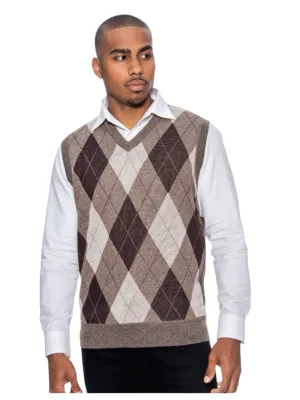 Brown-Beige Men's V-Neck Argyle Sweater Vest Knitwear Sleeveless Pullover STYLE-9903