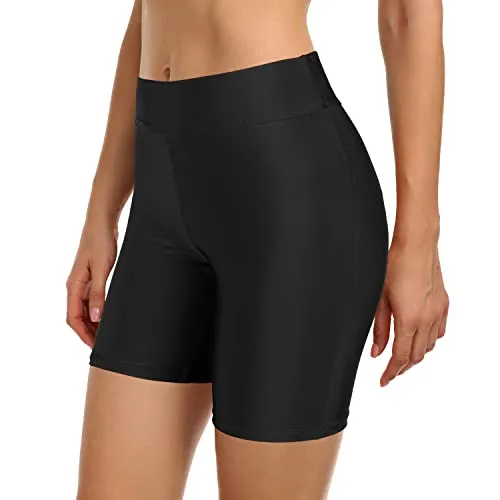 Full Coverage Swim Shorts With Tummy Control For Women-Black