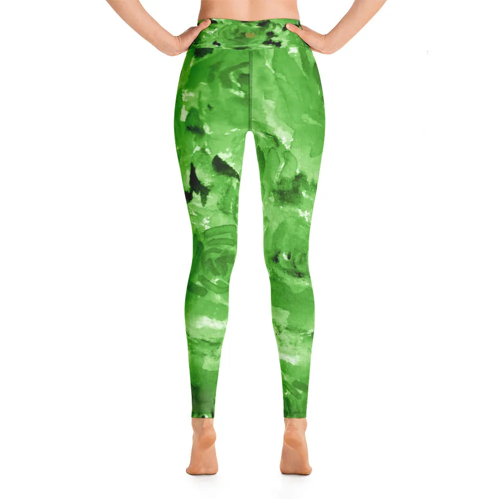 Green Floral Rose Women's Leggings, Abstract Workout Long Yoga Pants- Made in USA/EU