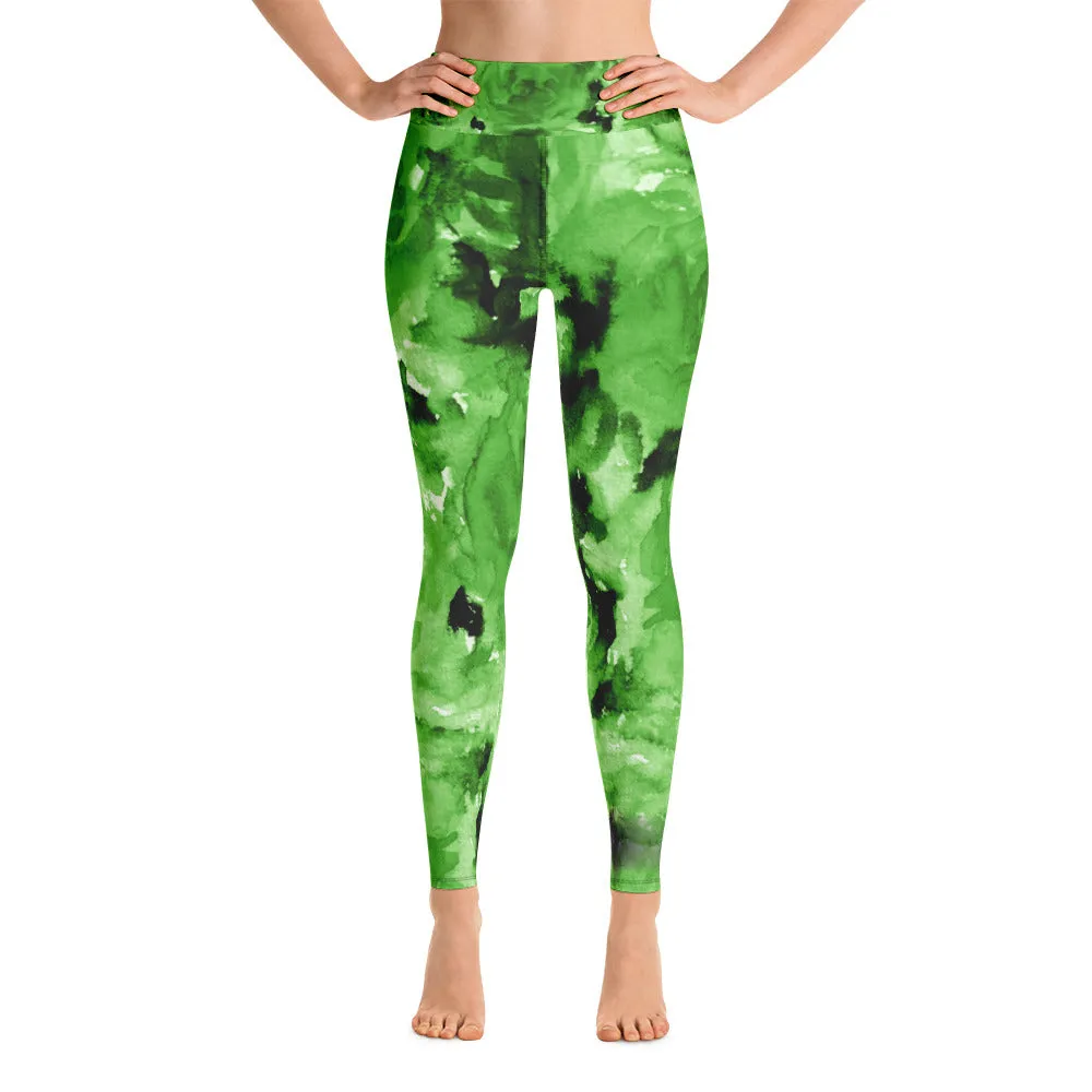 Green Floral Rose Women's Leggings, Abstract Workout Long Yoga Pants- Made in USA/EU