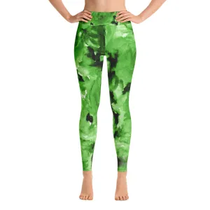 Green Floral Rose Women's Leggings, Abstract Workout Long Yoga Pants- Made in USA/EU