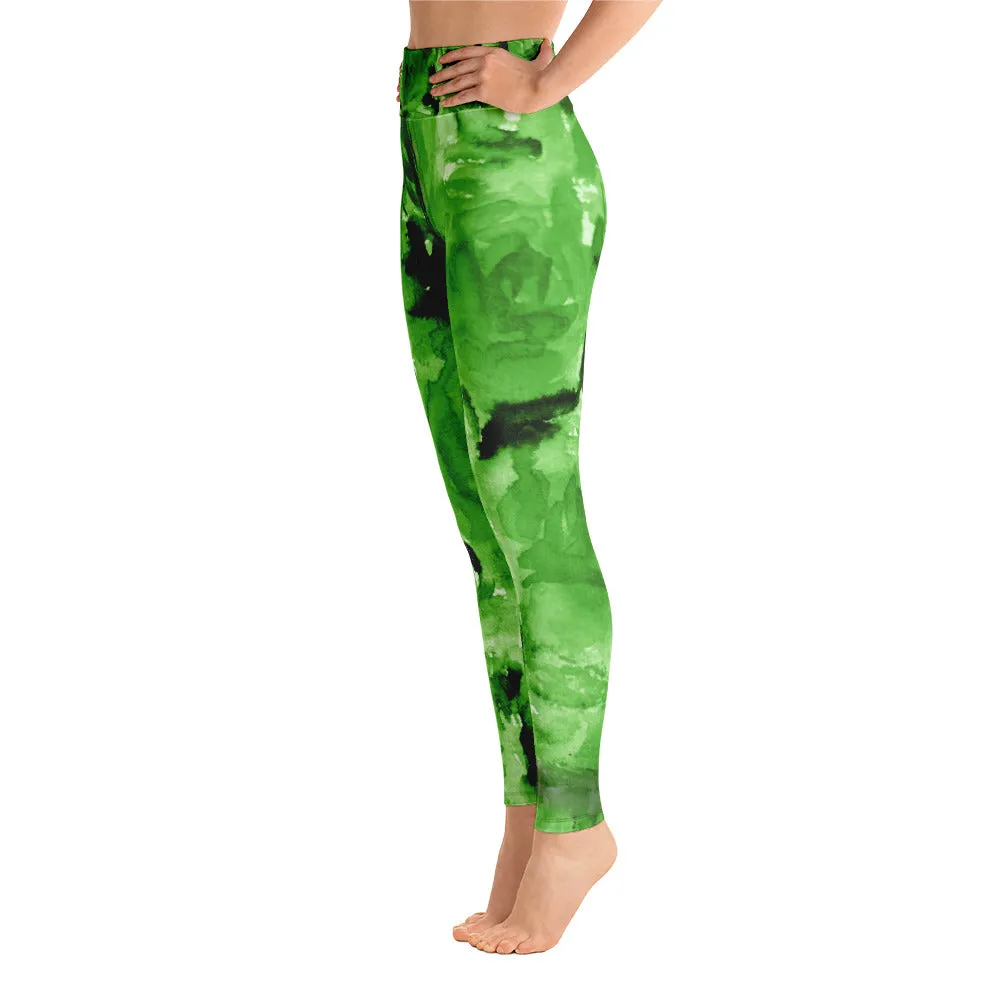 Green Floral Rose Women's Leggings, Abstract Workout Long Yoga Pants- Made in USA/EU