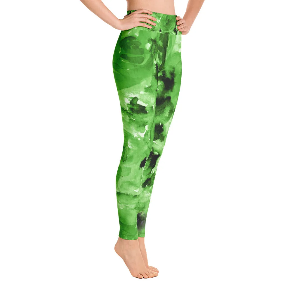 Green Floral Rose Women's Leggings, Abstract Workout Long Yoga Pants- Made in USA/EU