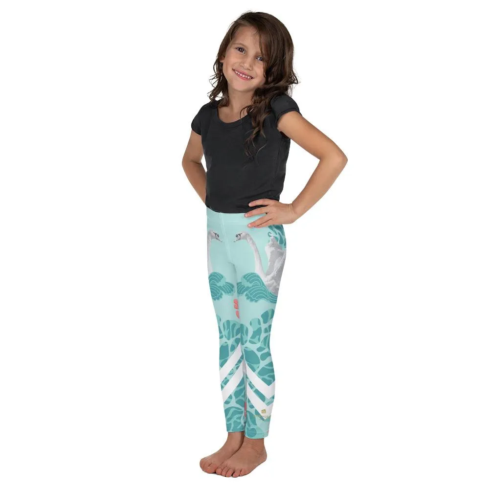 Light Blue Swan Bird Print Premium Cute Kid's Leggings Comfy Pants - Made in USA/EU