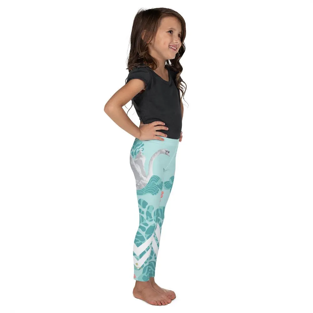 Light Blue Swan Bird Print Premium Cute Kid's Leggings Comfy Pants - Made in USA/EU