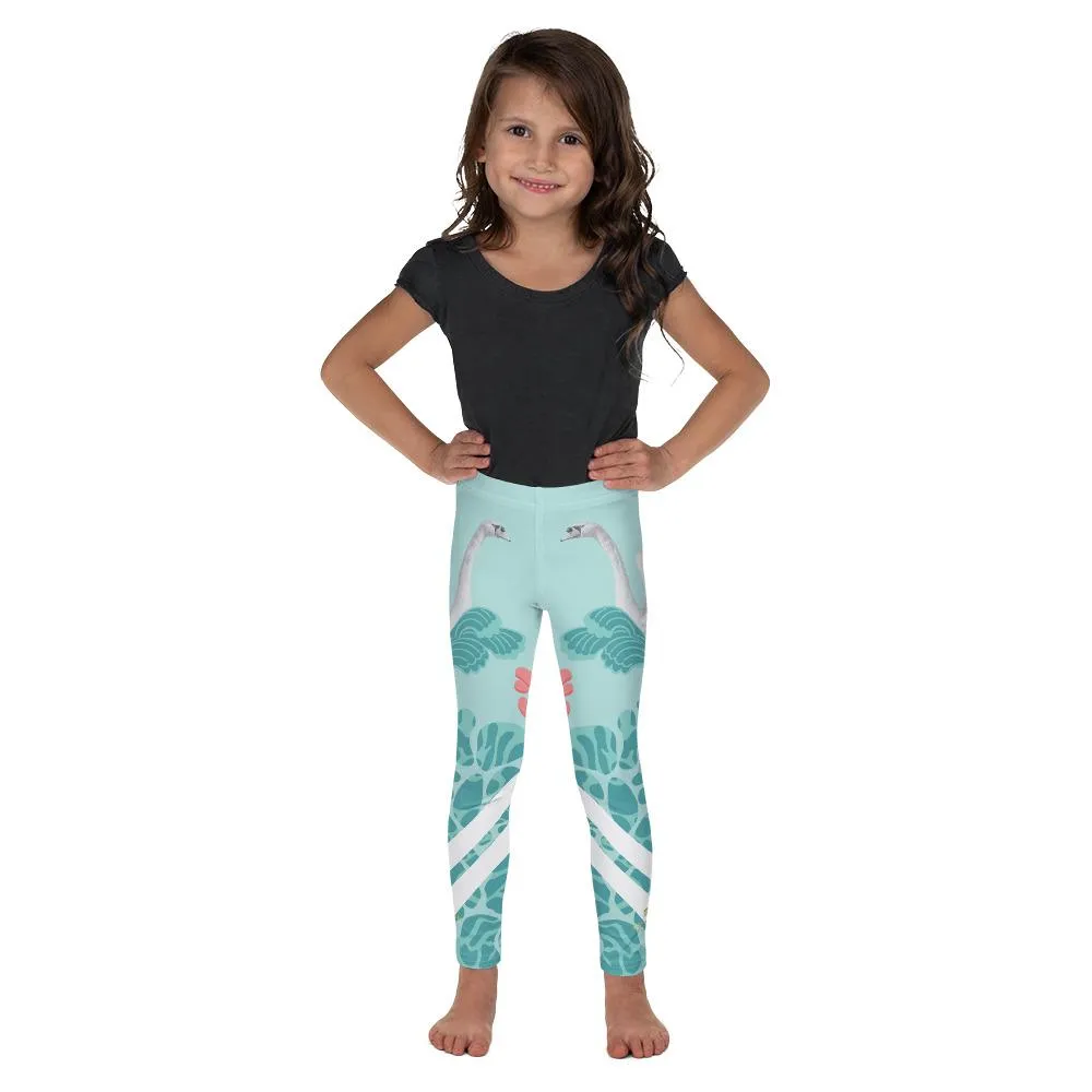 Light Blue Swan Bird Print Premium Cute Kid's Leggings Comfy Pants - Made in USA/EU
