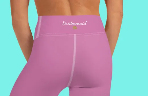 Light Pink Bridesmaid Sports Tights, Bridal Text Print Bridal Party Yoga Capri Leggings Pants-Made in USA